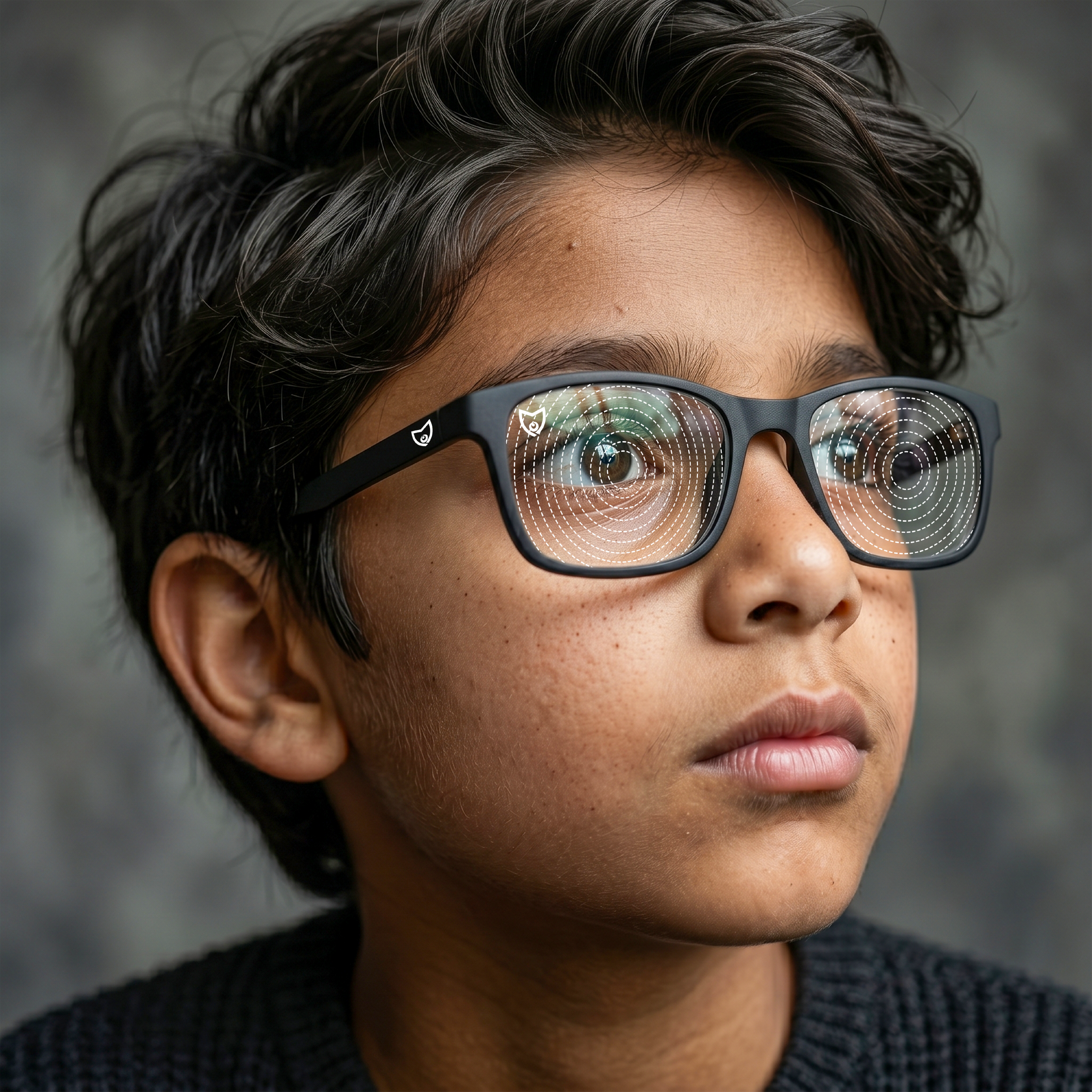 A young girl wearing MioShield MyoCare lenses